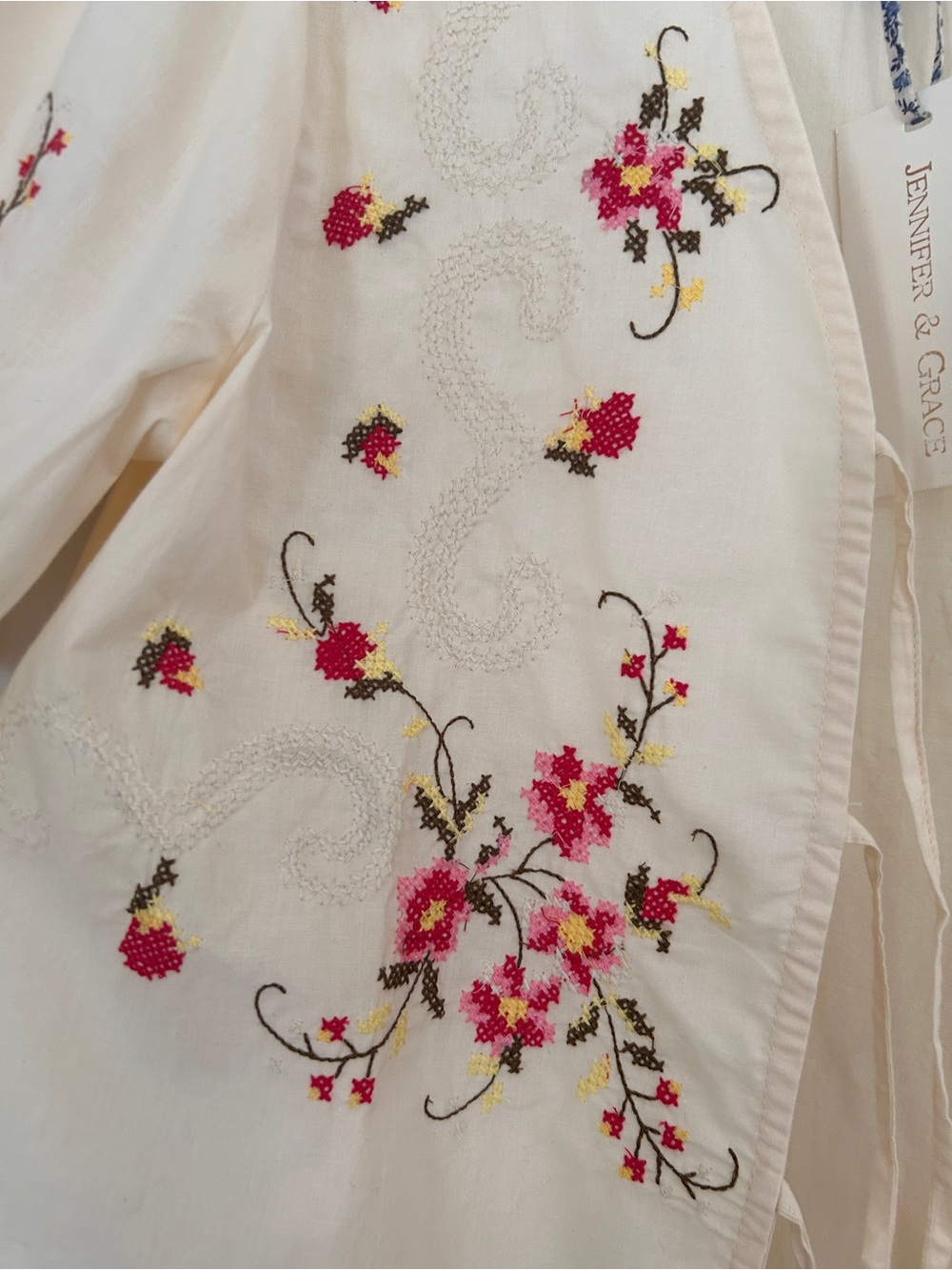 Cream Embroidered Floral Tie-Front Blouse - Picture 2 of 6